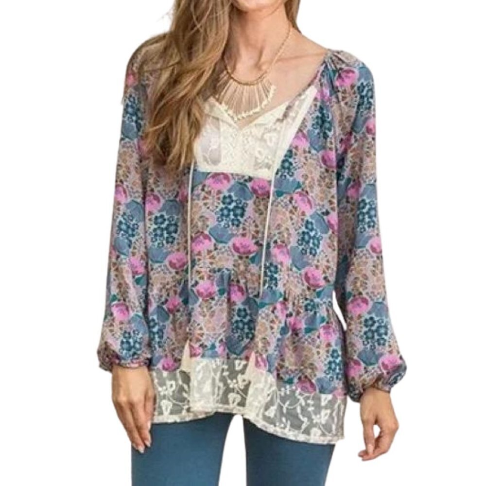 Matilda Jane Sew Perfect Floral Lace Boho Peasant Long Sleeve Top Shirt Small